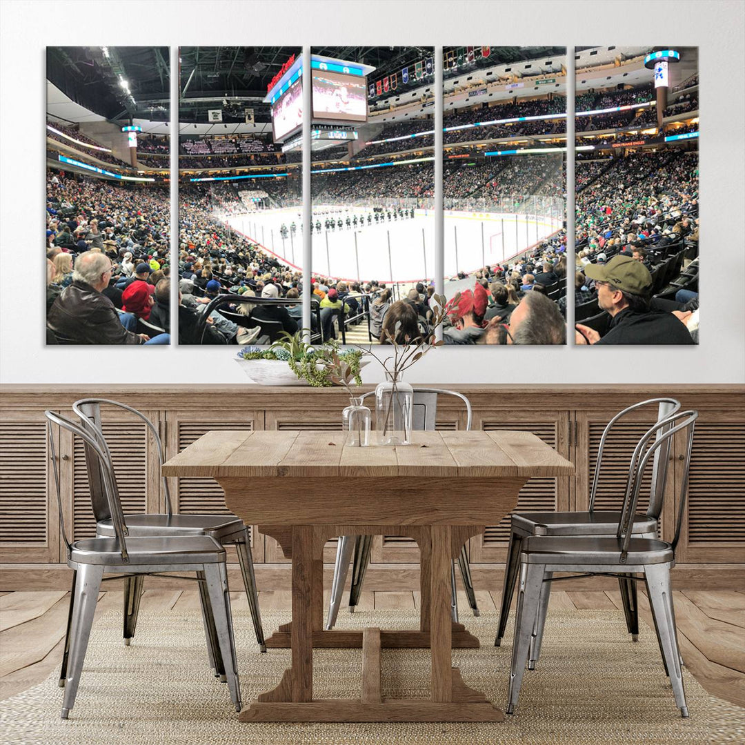 The Xcel Energy Center St Paul Minnesota Wild Ice Hockey Stadium Wall Art Canvas Print captures a packed hockey arena with spectators watching players on the ice. It is elegantly preserved on museum-quality canvas with vibrant details protected by a UV-protective coating.