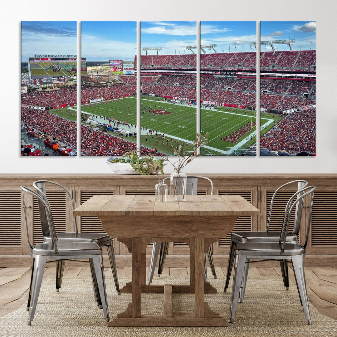 The Florida Tampa Raymond James Stadium Wall Art Canvas Print is featured above the cabinet.