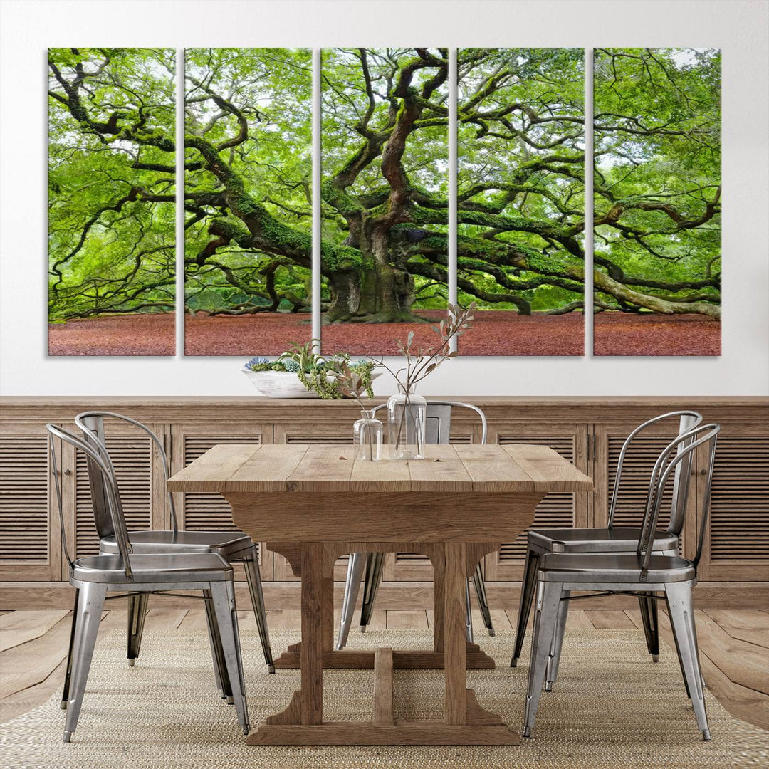 Framed Angel Oak Tree Wall Art - 3-Panel Canvas Prints, Large Green Nature Artwork, Ready to Hang Home Decor for Living Room, Office, Bedroom