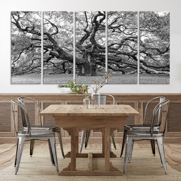 Black White Angel Oak Tree Wall Art - Timeless Nature-Inspired Canvas for Rustic, Modern, or Traditional Home Decor