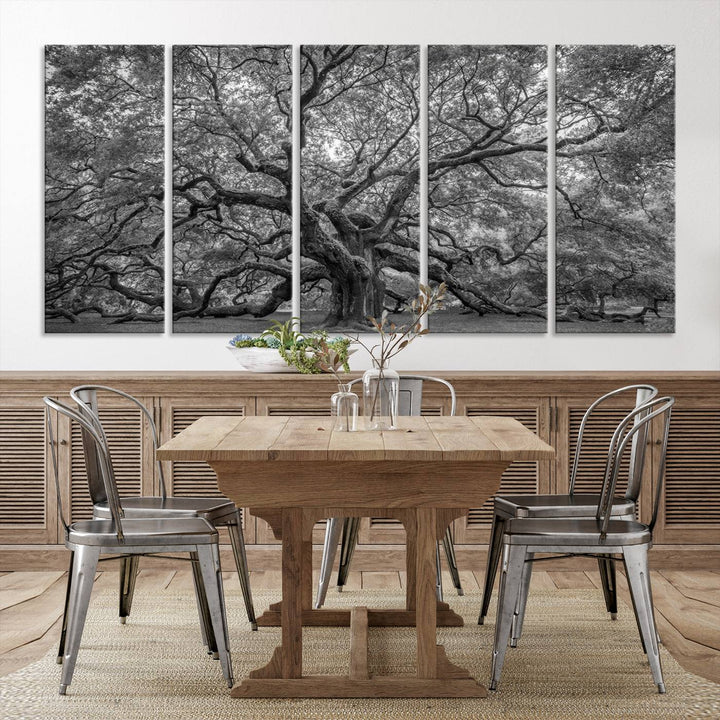 Majestic Angel Oak Tree Black and White Canvas Print – Multi Panel Wall Art, Giclée Print, Ready to Hang Nature Photography for Home Decor