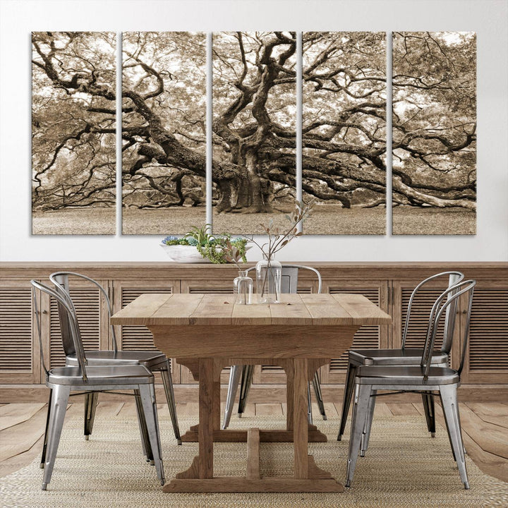 Displayed on the wall is a Sepia-framed Angel Oak Tree 3-panel canvas.