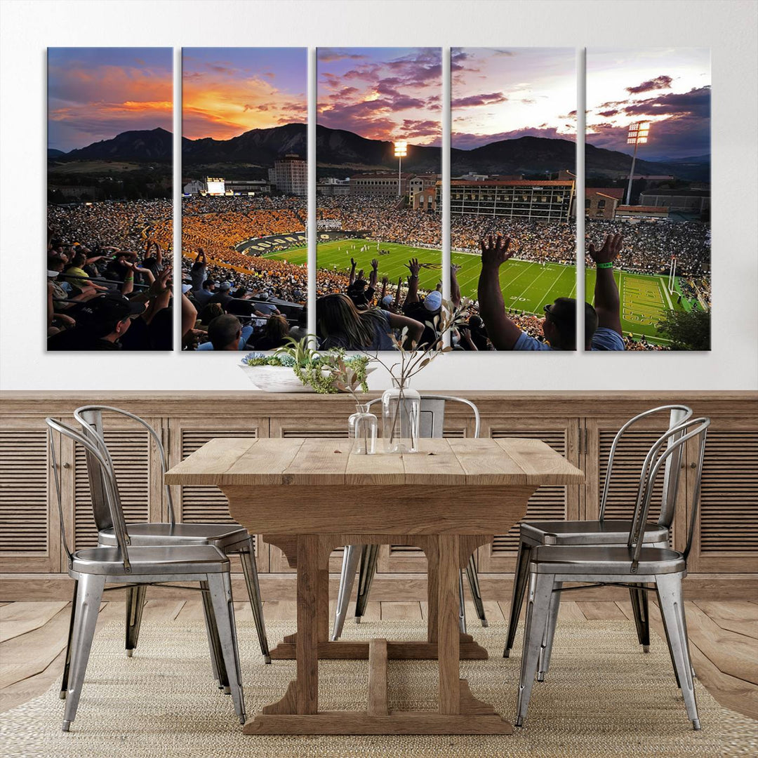 The Folsom Field Stadium Print beautifully captures the Colorado Buffaloes stadium at sunset, set against a stunning mountain backdrop.