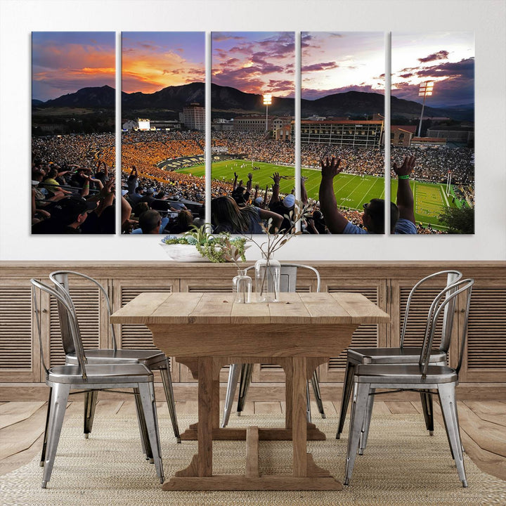 The Folsom Field Stadium Print beautifully captures the Colorado Buffaloes stadium at sunset, set against a stunning mountain backdrop.