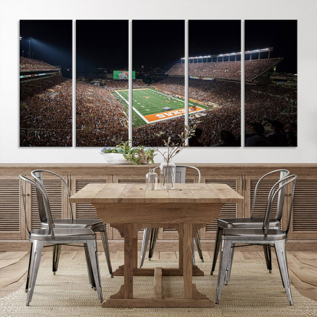 A football game at a packed stadium is captured on the University of Texas Longhorns Stadium Canvas Print.