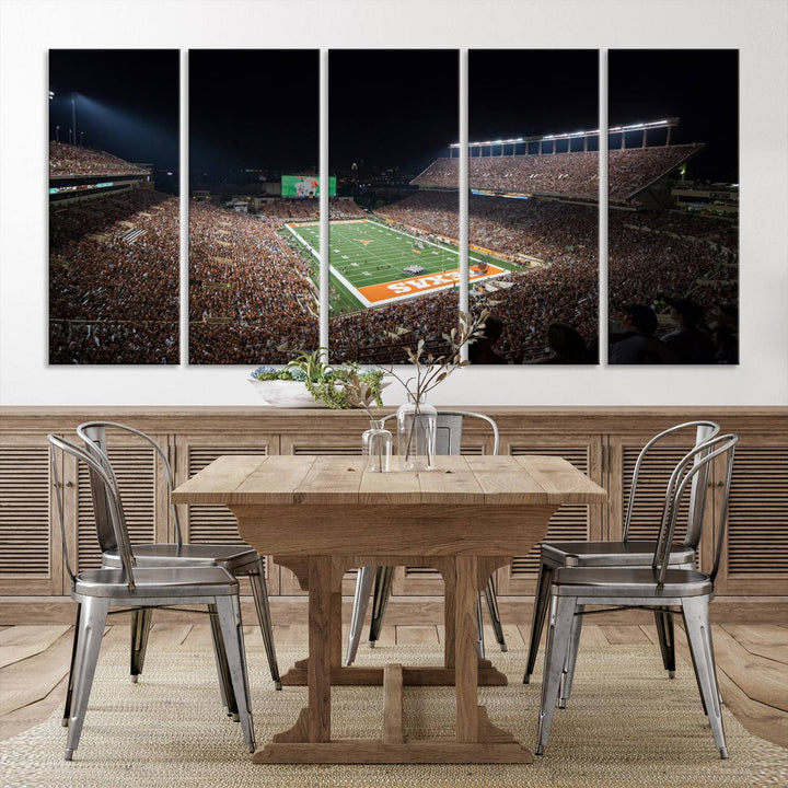A football game at a packed stadium is captured on the University of Texas Longhorns Stadium Canvas Print.