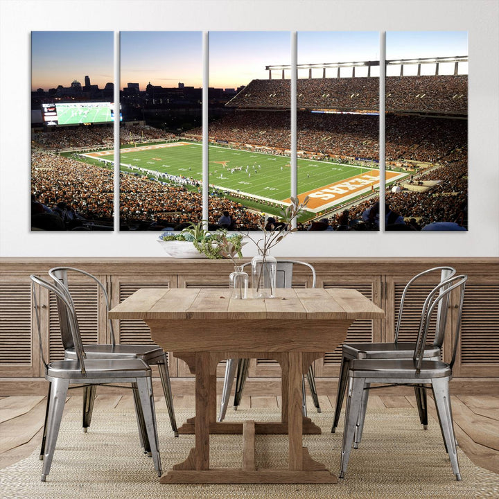 The Evening Game canvas art captures a glowing sunset and skyline at Texas Longhorns Darrell K Royal Stadium.