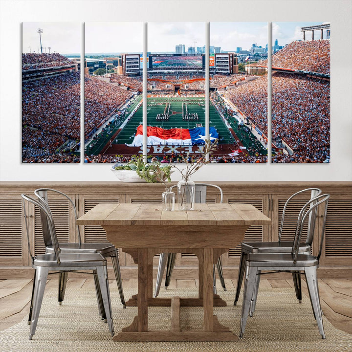 University of Texas Longhorns canvas: A premium print depicting Darrell K Royal-Texas Memorial Stadium with the city skyline and Texas flag.