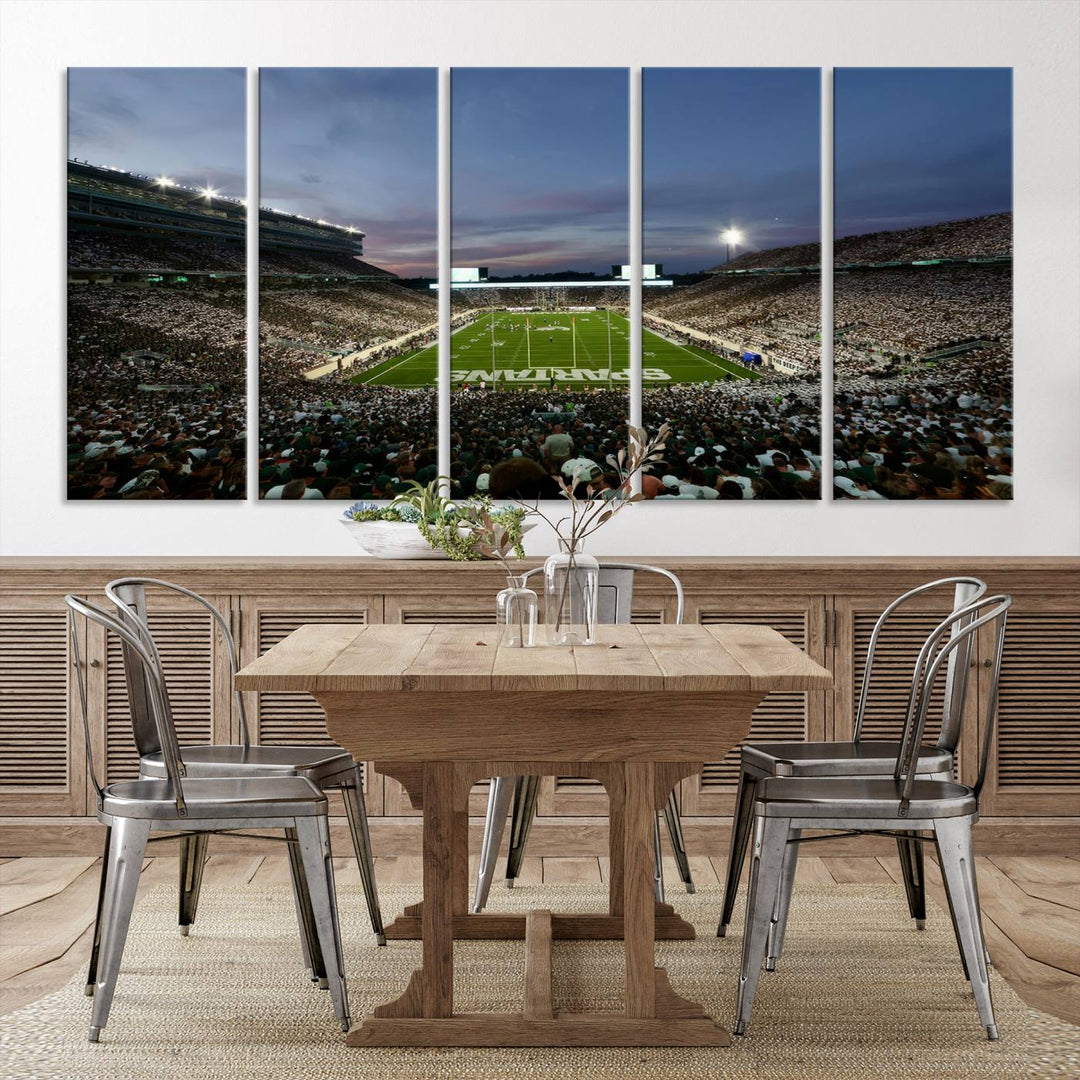 Wall art featuring a stadium at dusk with full stands—ideal for the Michigan State Spartans Football Team Canvas Print.