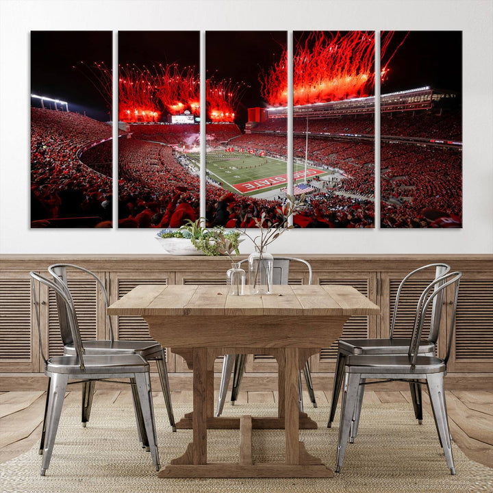 A vibrant red canvas art of a packed Ohio State Buckeyes stadium at night with fireworks.