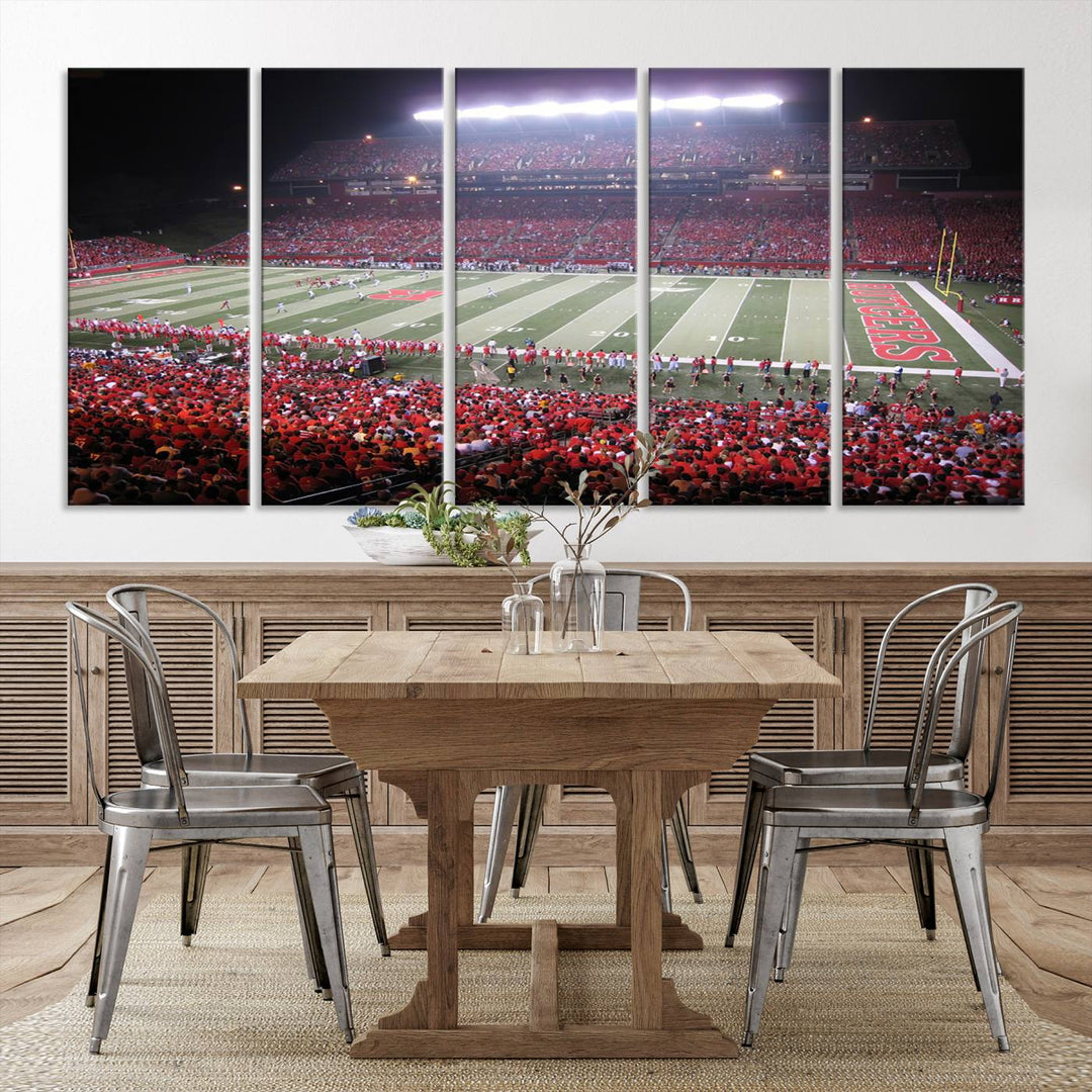 A bustling night game at SHI Stadium is captured as Rutgers Scarlet Knights wall art on a gallery-quality canvas print.