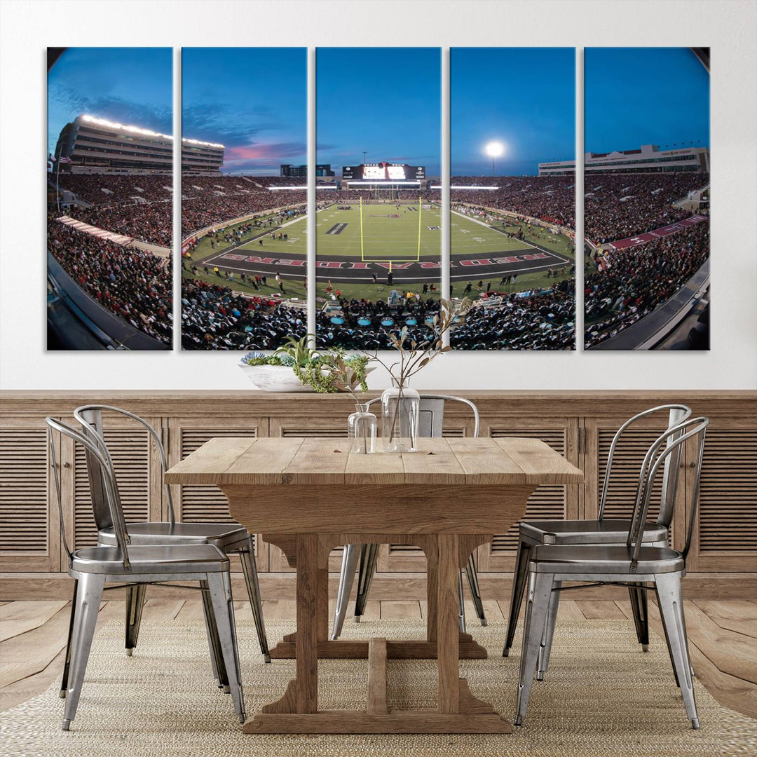 The wall art in the living room features a Texas Tech Red Raiders Football Team Print, showcasing Jones AT&T Stadium at dusk.