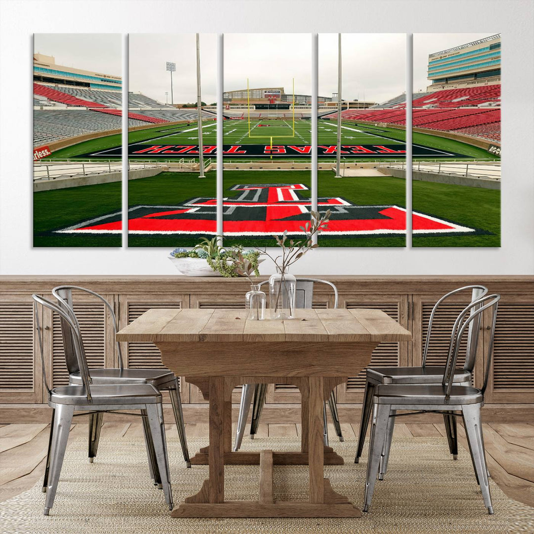 Gallery-quality print of Lubbock Jones AT&T Stadium featuring the Texas Tech Red Raiders field, highlighted by red and gray bleachers.