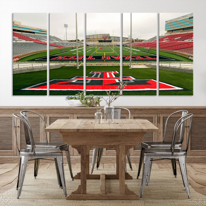 Gallery-quality print of Lubbock Jones AT&T Stadium featuring the Texas Tech Red Raiders field, highlighted by red and gray bleachers.