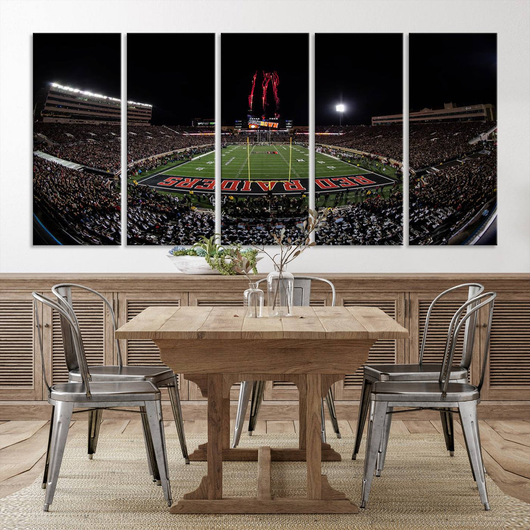 The wall features a Texas Tech Red Raiders Football Team Print on canvas, showcasing fireworks over a packed stadium at night.