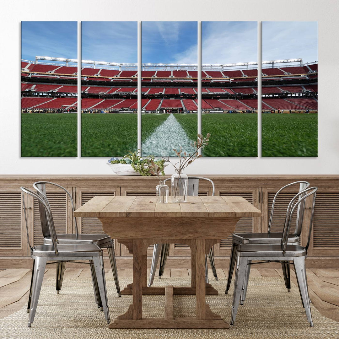 A canvas print of the University of Tulsa Golden Hurricane showcases H.A. Chapman Stadiums football field and red seats against a backdrop of a blue sky.