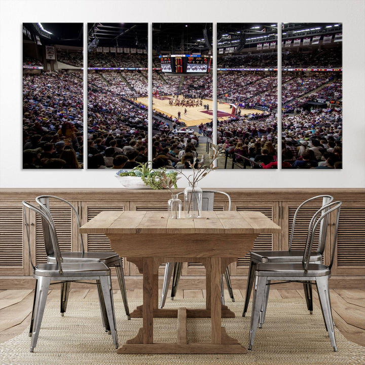 The Nebraska Basketball Arena Wall Art Canvas features an arena filled with Cornhuskers fans and players beneath a scoreboard.