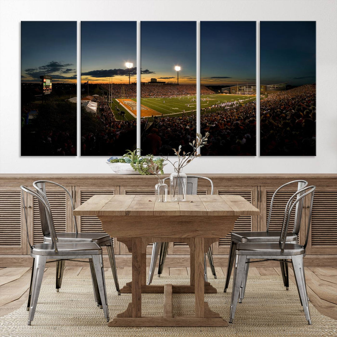 Ball State Cardinals Football Team Print - Muncie Scheumann Stadium Canvas featuring a sunset, floodlights, and lively crowd.