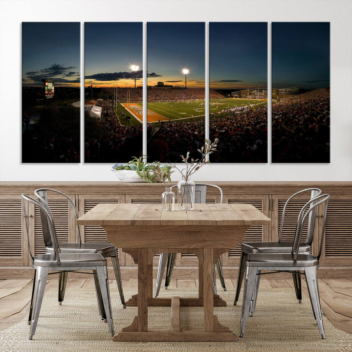 Ball State Cardinals Football Team Print - Muncie Scheumann Stadium Canvas featuring a sunset, floodlights, and lively crowd.