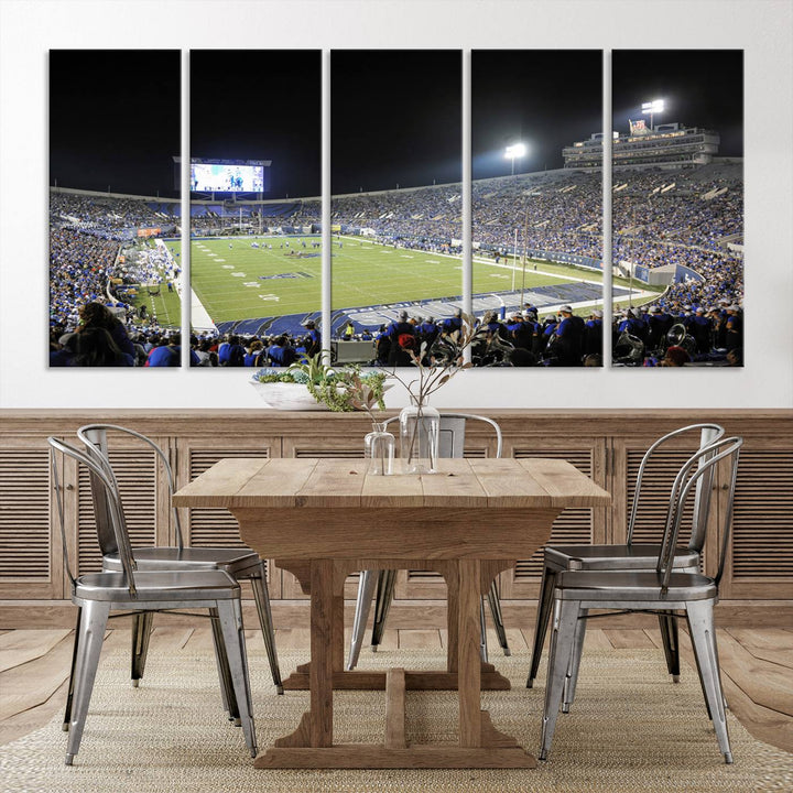 A vibrant depiction of Liberty Stadium at night, highlighting a Tigers football game on the large screen with stands filled with enthusiastic fans.