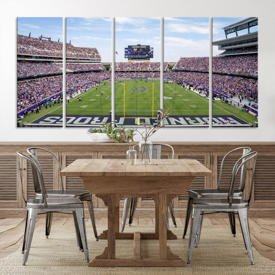 The TCU Horned Frogs print portrays a vibrant Amon G. Carter Stadium, filled with energy and game action.