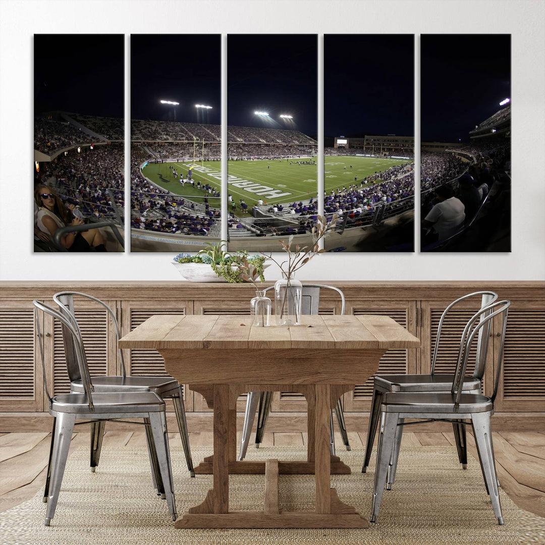 The wall art print features a night view of Amon G. Carter Stadium filled with TCU fans, showcased in the Horned Frogs Football Canvas Wall Art.