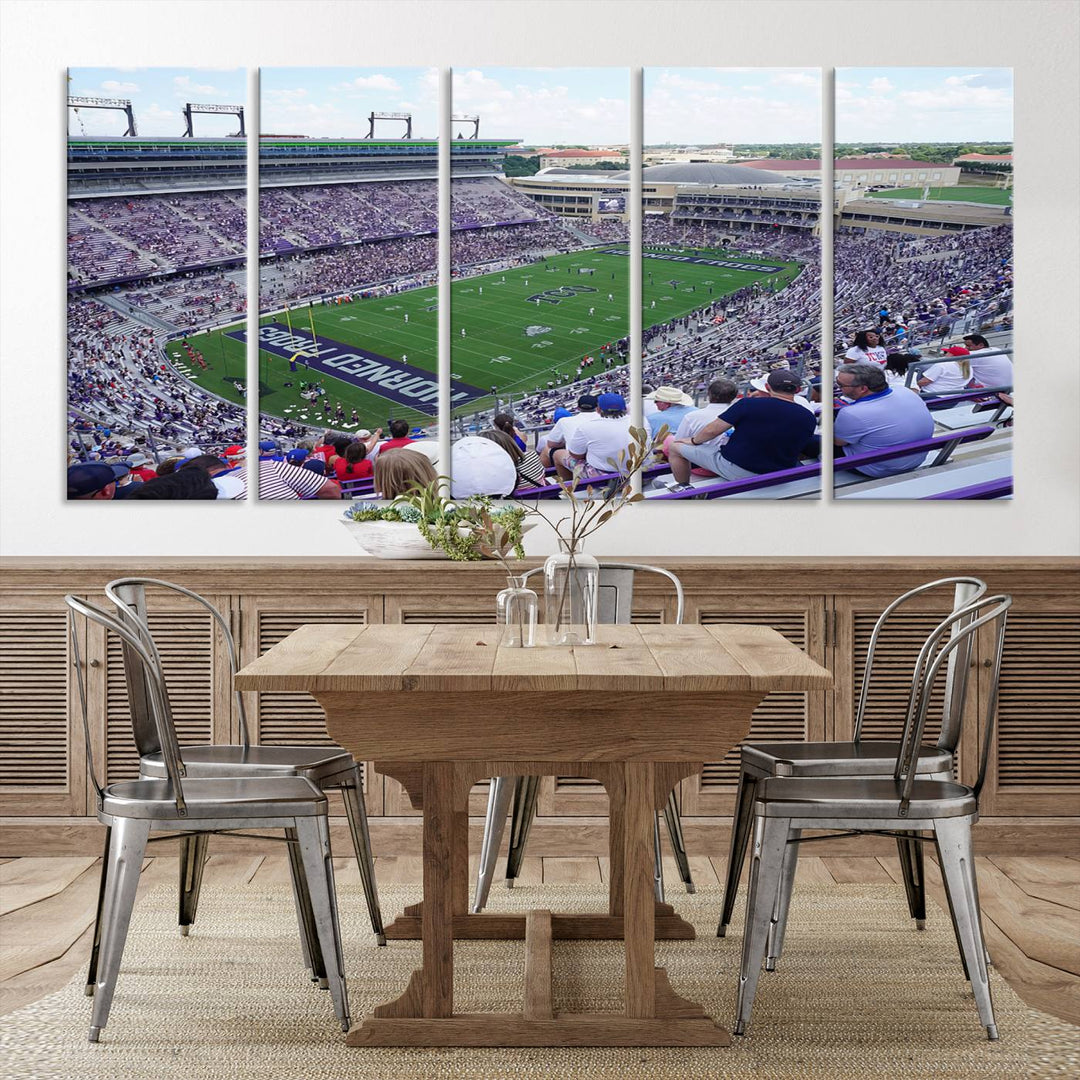 Amon G. Carter Stadium wall art canvas showcasing the TCU Horned Frogs and packed stands at Fort Worth.