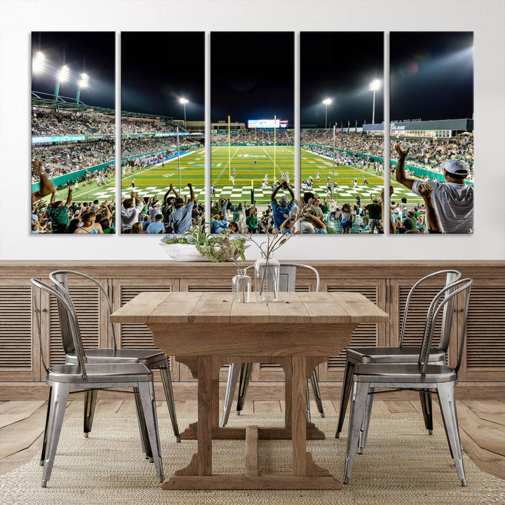 This vibrant wall art canvas print captures the excitement of fans cheering for the Tulane Green Wave Football Team under the lights of Yulman Stadium.