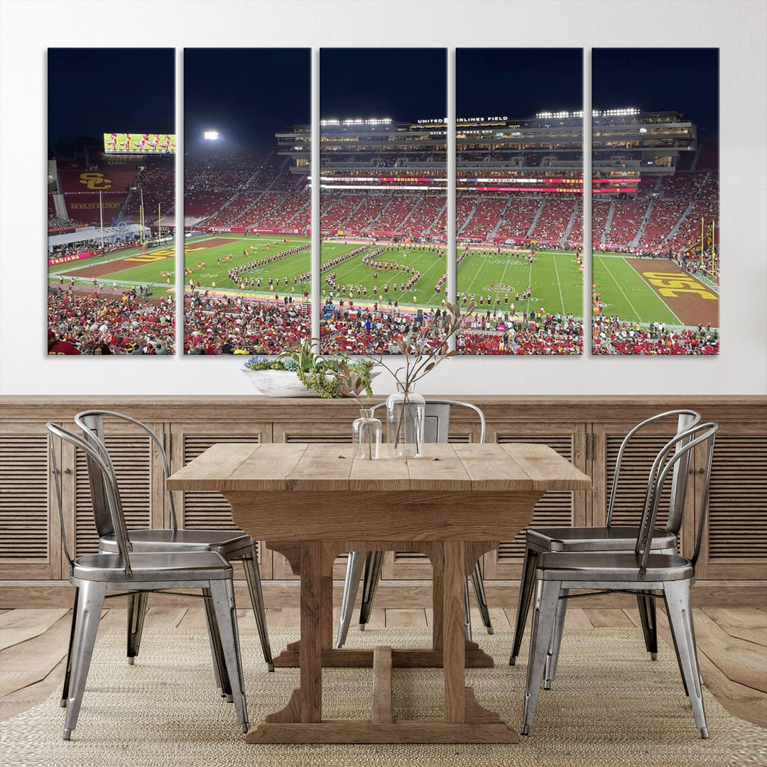 Canvas print depicting a packed stadium at night with a marching band forming USC, celebrating the Trojans at Los Angeles Memorial Coliseum.