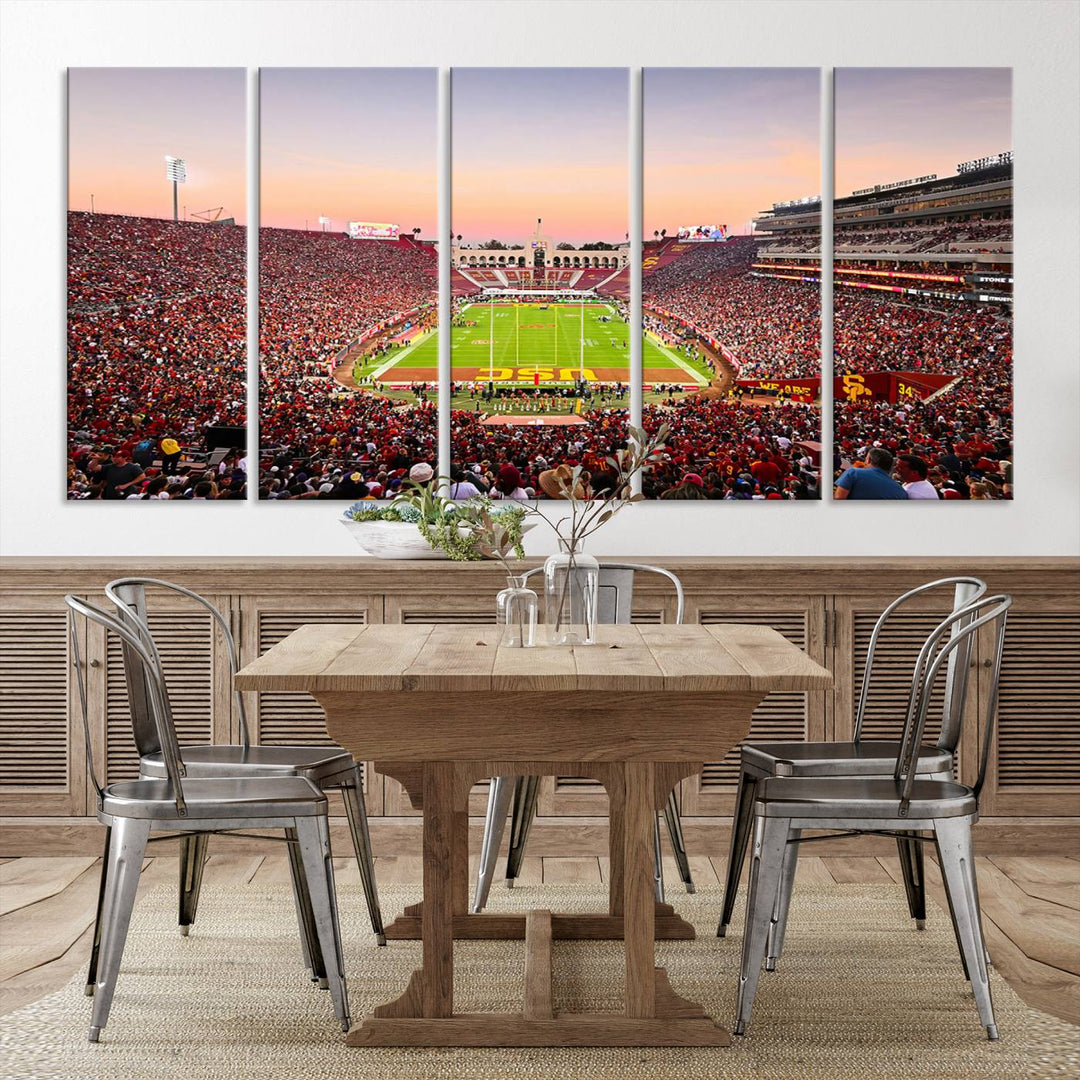 A USC Trojans wall art canvas print highlights the scene, depicting the Coliseum Stadium at sunset.