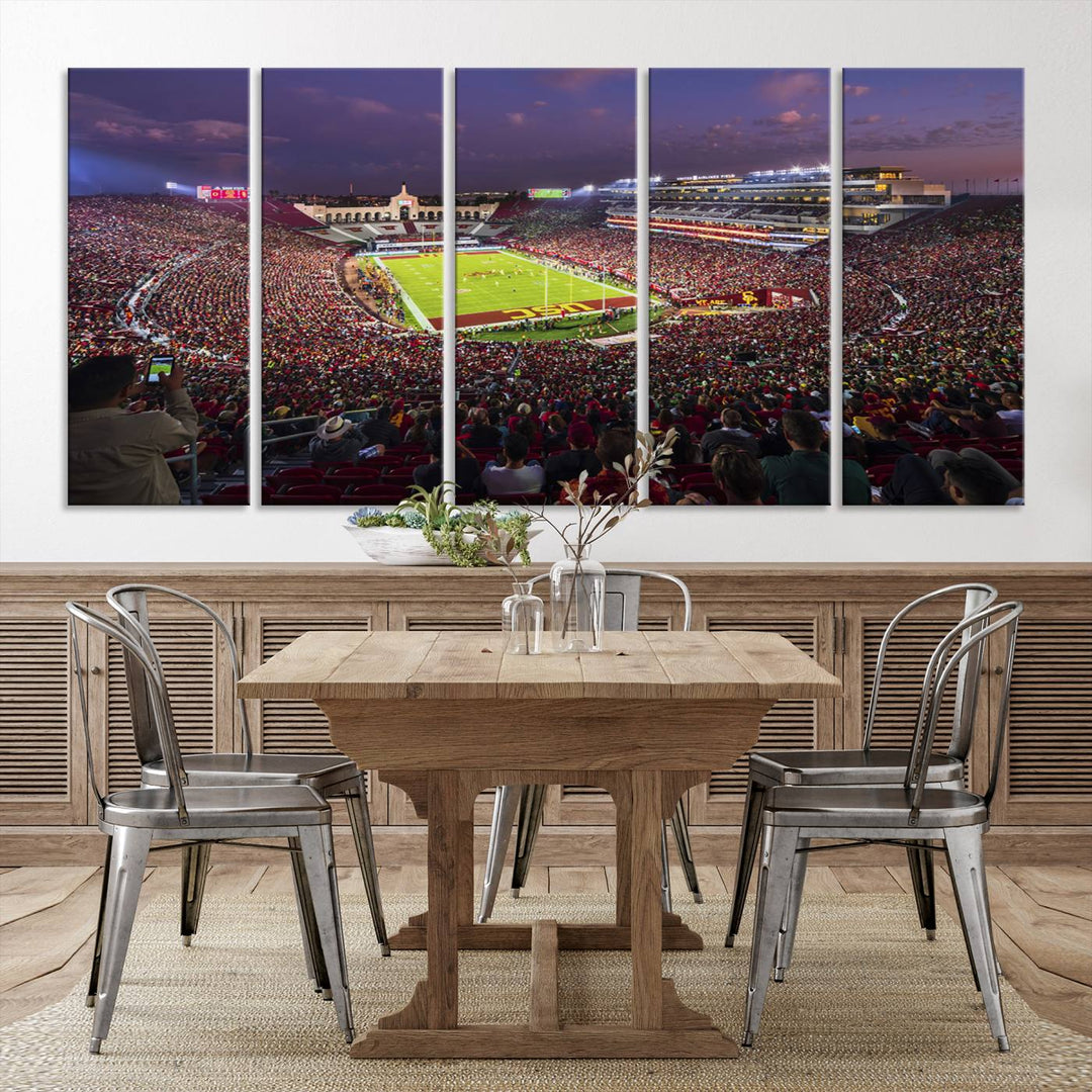 The vibrant wall art canvas print captures the USC Trojans playing under lights at dusk in LA Memorial Coliseum.