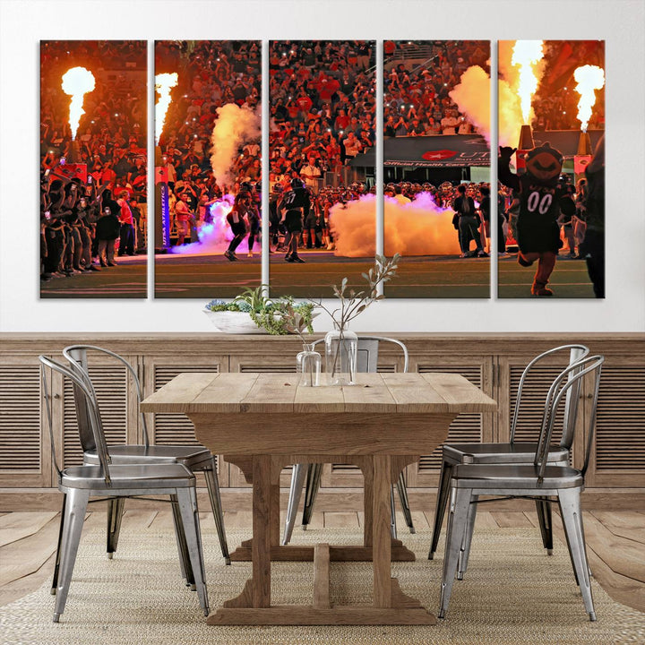 This canvas print captures the UTSA Roadrunners storming the Alamodome under smoke and fire.