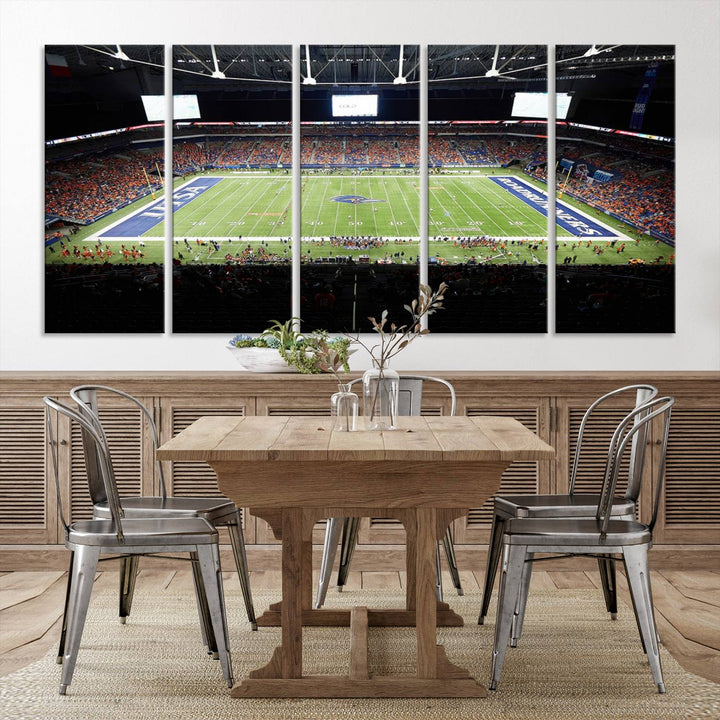 The UTSA Roadrunners game at Alamodome canvas print captures the scene from above, displaying fans and the UTSA lettering on the field.