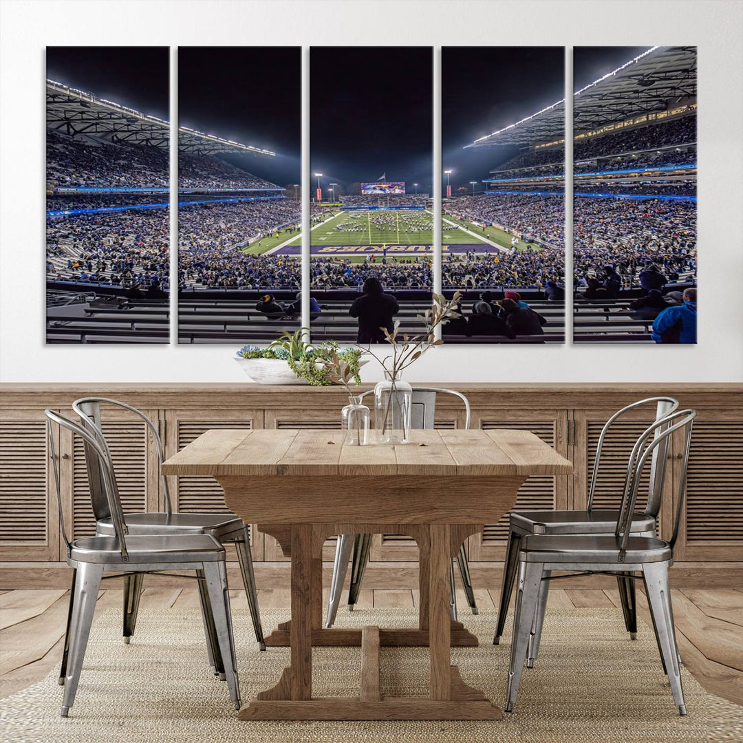 A canvas print titled The University of Washington Huskies Football depicts a packed Husky Stadium at night, as seen from the stands.