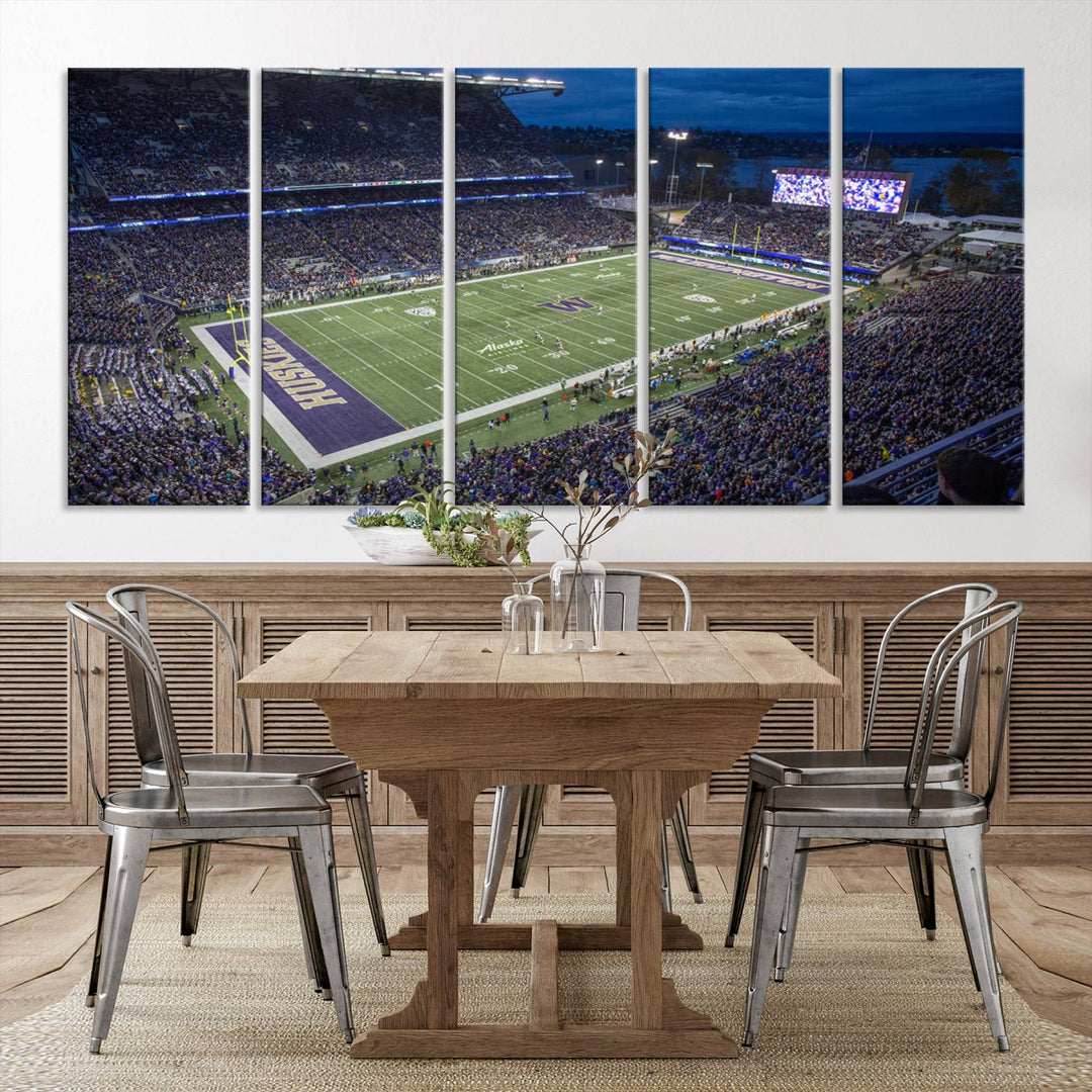 The University of Washington Huskies Football Team Print: Seattle Husky Stadium Wall Art Canvas captures a dusk stadium view.