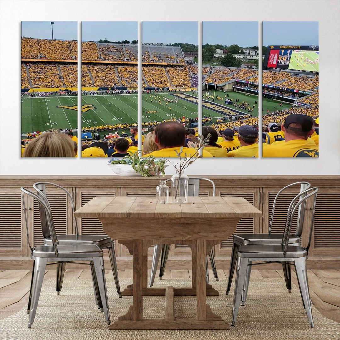 A Puskar Stadium canvas print decorates the modern living room shelf.