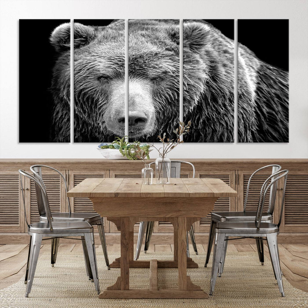 The 399 Grizzly Bear Canvas Print is displayed prominently on a wall in a modern living room.