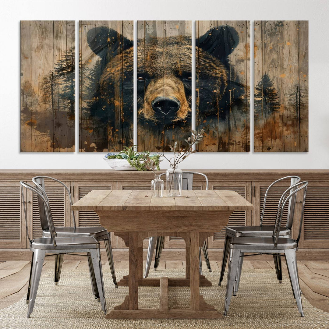 The Abstract 399 Bear Wall Art, featuring a rustic cabin theme with forest design, is framed and ready to hang. It's ideal for lodge, cabin, and barn decor and perfectly complements the nature lover's aesthetic.