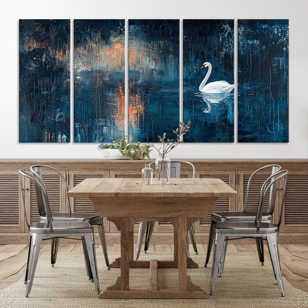 Abstract Swan Wall Art | Moody Blue and Orange Swan Painting on Canvas | Framed and Ready to Hang | Elegant and Modern Art for Living Room or Bedroom Decor