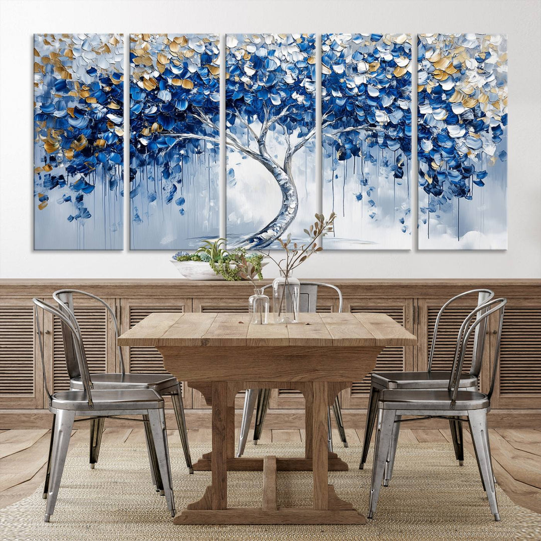 Elegant Blue and Gold Abstract Tree Wall Art | Textured Modern Tree of Life Painting | Framed Canvas Print | Ready to Hang for Dining Room Decor