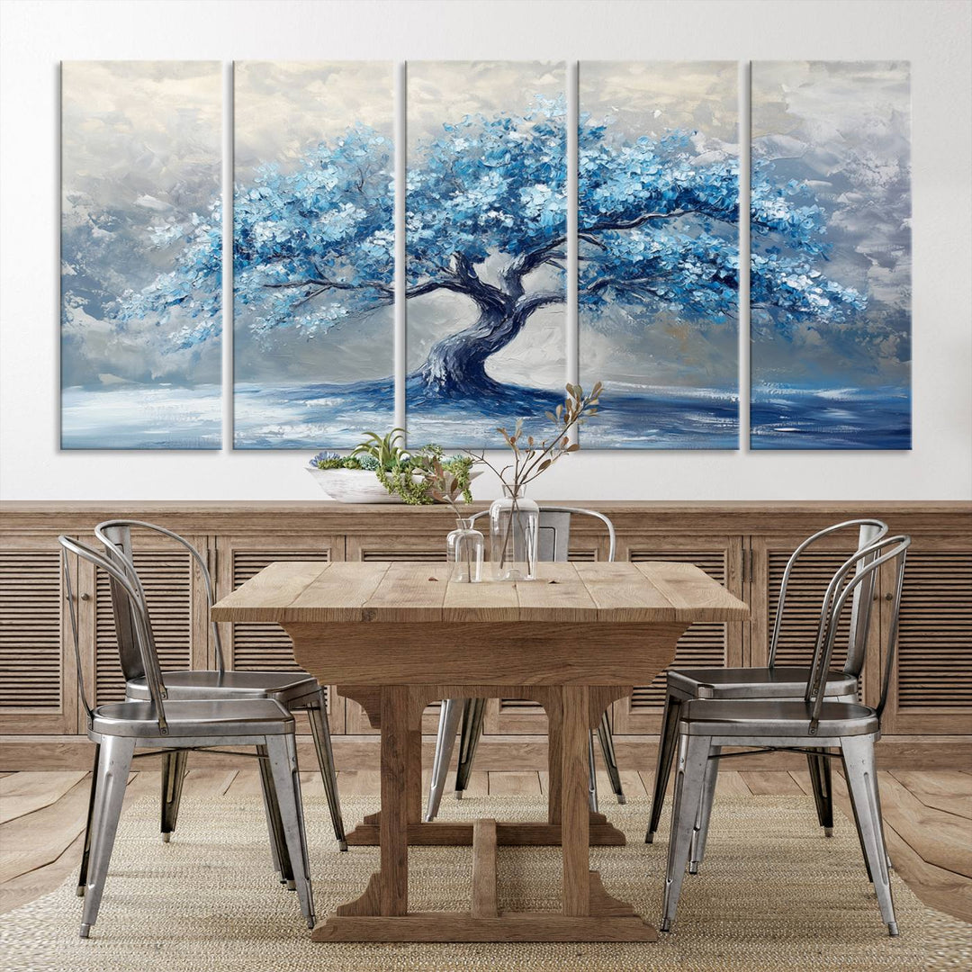 Serene Abstract Blue Tree Wall Art | Canvas Print of a Majestic Tree in Blue Hues | Perfect for Farmhouse, Coastal, and Modern Decor