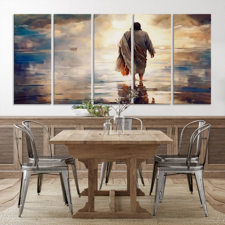 Jesus Walking on Water Wall Art | Ready to Hang Spiritual Triptych Canvas Print | Inspirational Christian Decor for Home or Church