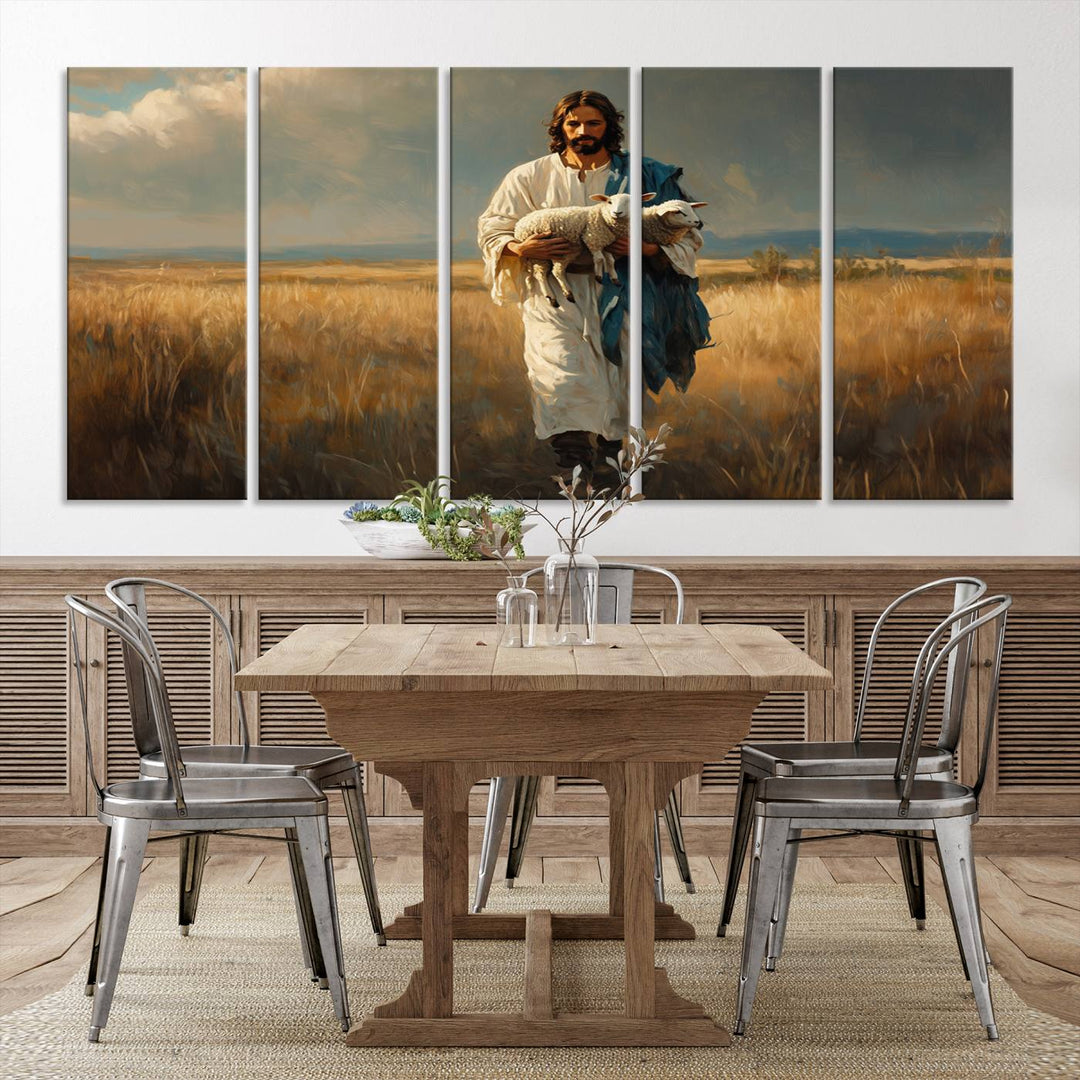 Jesus Shepherd Wall Art | Ready to Hang Triptych Canvas of Jesus Holding a Lamb in a Field | Inspirational Christian Decor for Home