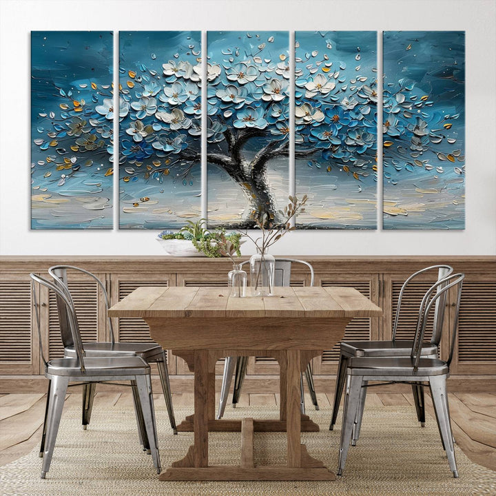 Abstract Blooming Tree Wall Art Print features blue, white, and gold textures on museum-quality canvas, perfect for modern decor.