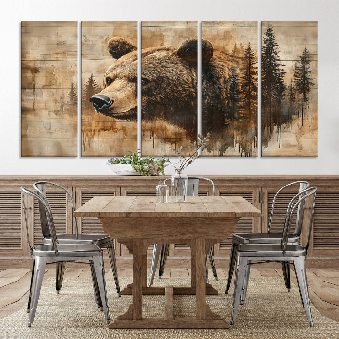 Abstract Rustic Grizzly Bear Wall Art Canvas Print - Woodland Wildlife Forest Print for Farmhouse Decor