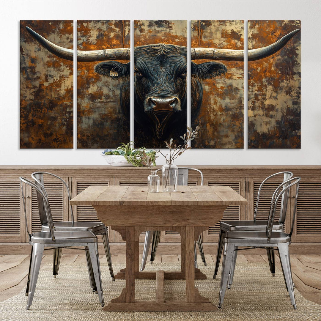 Abstract Longhorn Texas Bull Wall Art | Rustic Farmhouse Canvas Print | Ready to Hang Barn Decor for Farmhouse and Cabin Style