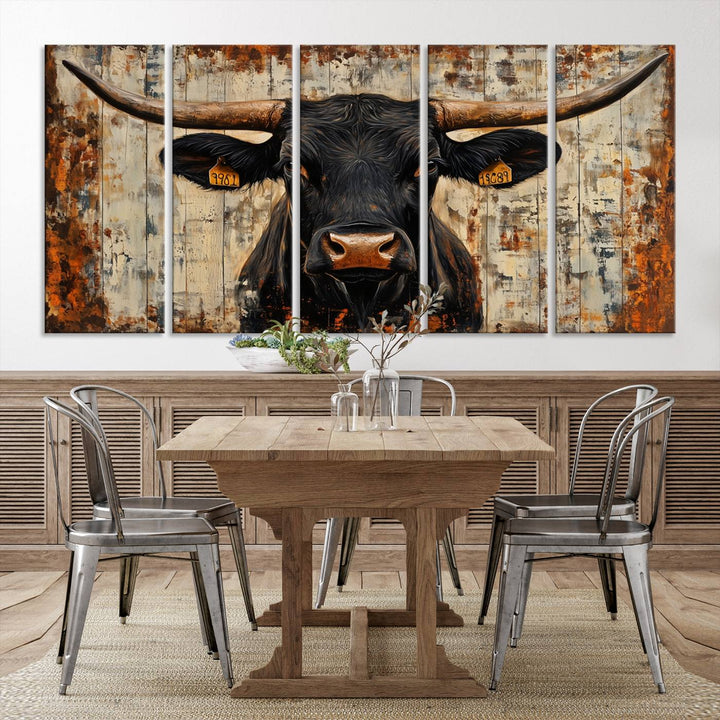 Abstract Cow Longhorn Bull Wall Art Canvas Print - Rustic Texas Western Cattle Artwork