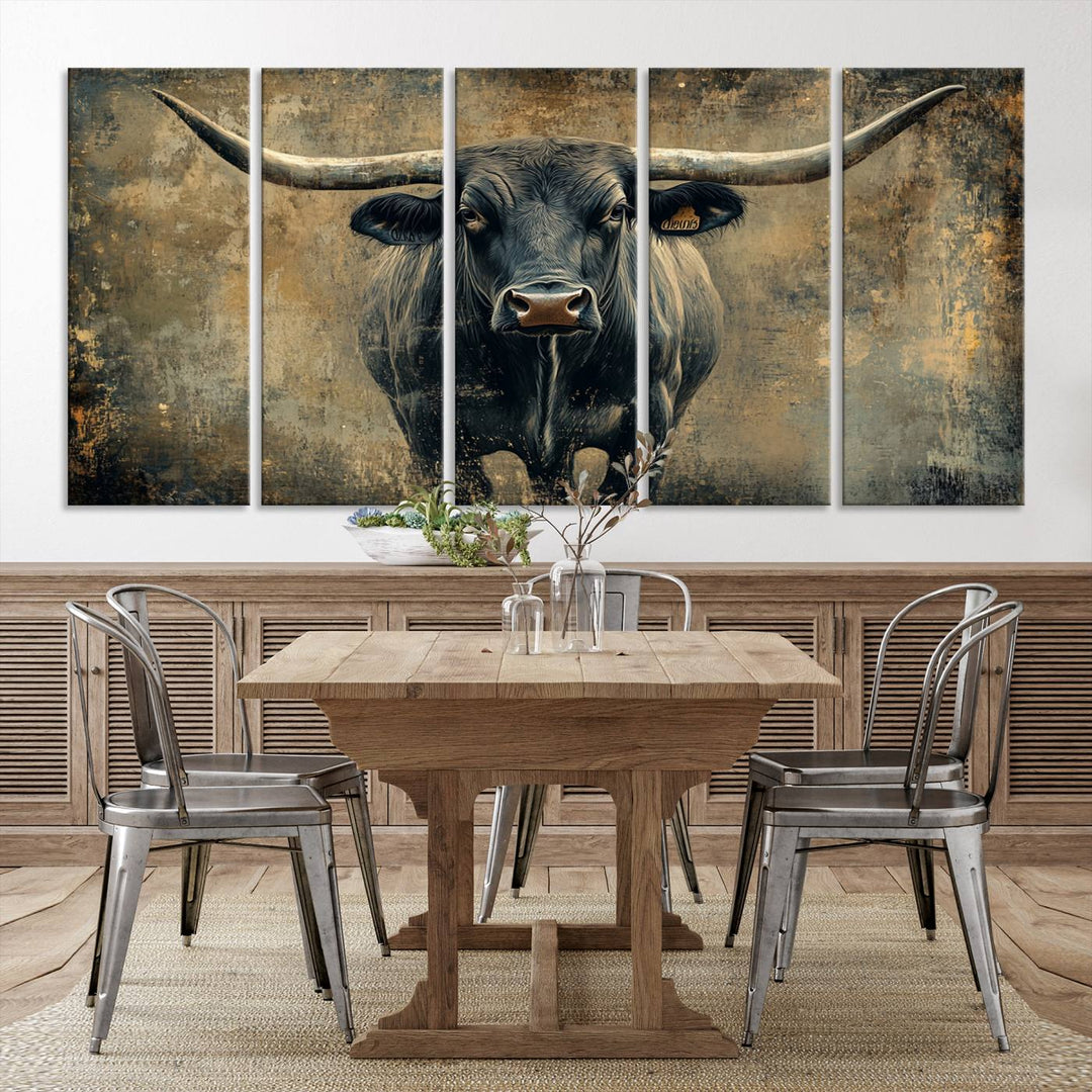 Abstract Cow Longhorn Bull Wall Art Canvas Print - Rustic Texas Western Cattle Artwork