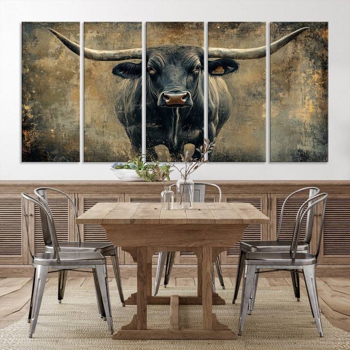 Abstract Cow Longhorn Bull Wall Art Canvas Print - Rustic Texas Western Cattle Artwork