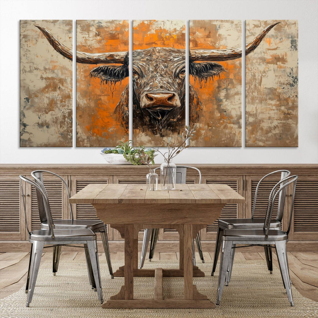 Abstract Cow Longhorn Bull Wall Art Canvas Print - Rustic Texas Western Cattle Artwork